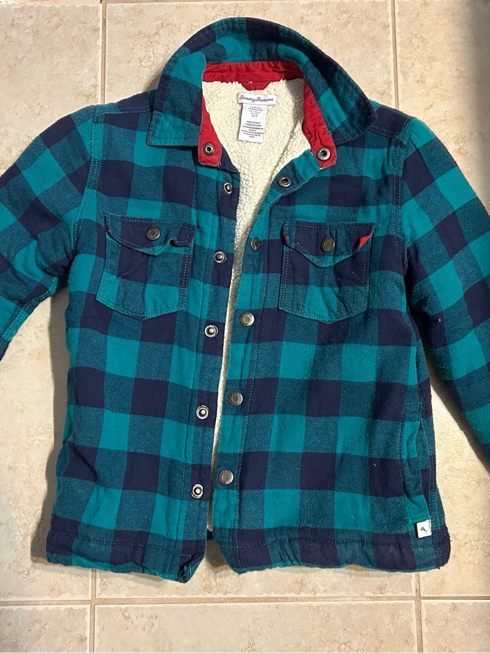 Sherpa-Lined Plaid Button Tommy Bahama Jacket in Teal & Navy